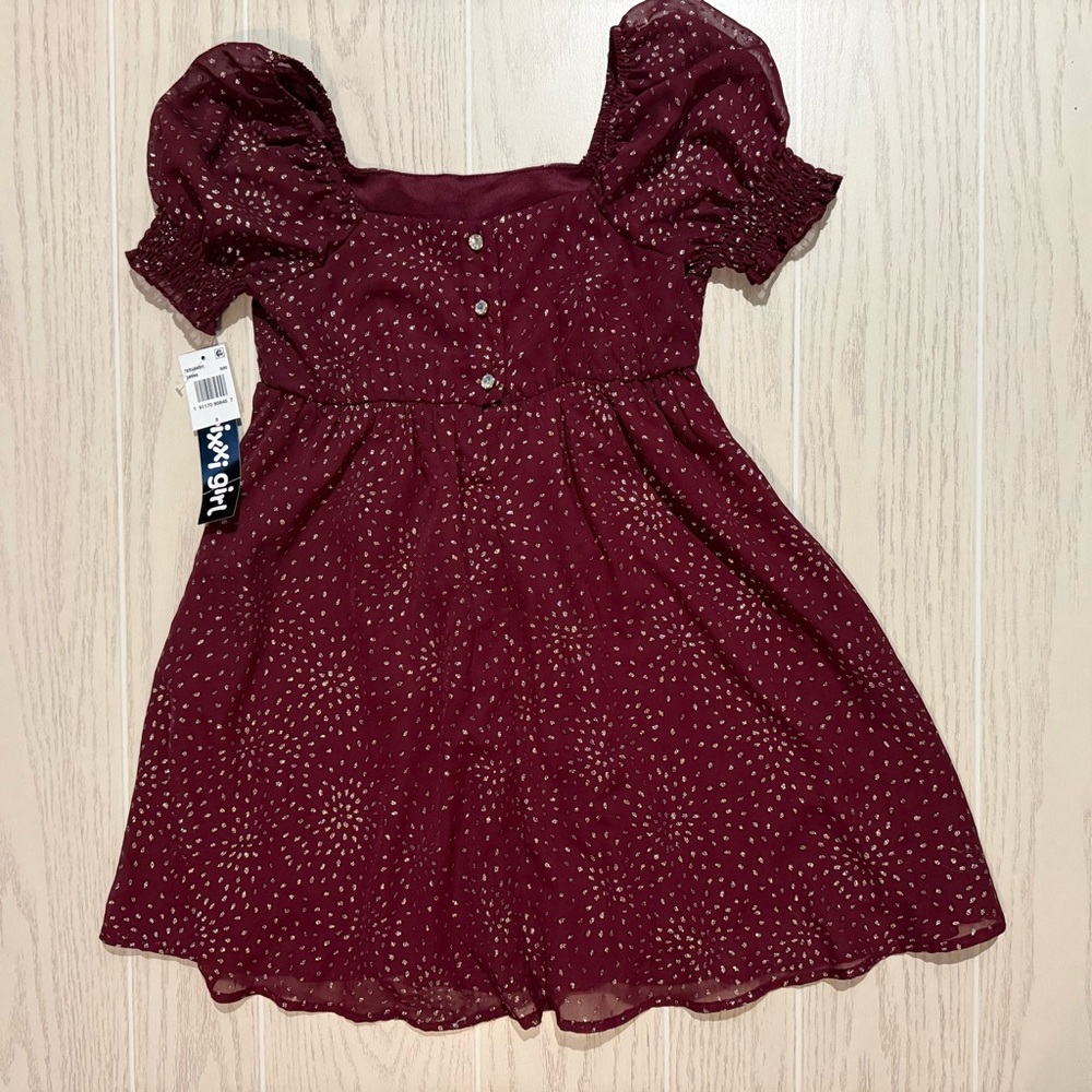 Trixxi Girl Burgundy Gold Dot Party Dress Size 8‎ Puff Sleeve Holiday NEW